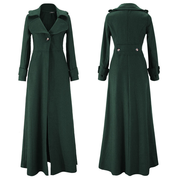 Ladies Elegant Long Coat with Classic Lapels and Modern Accents Mune