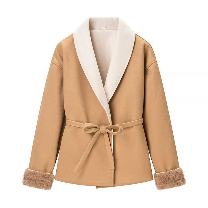 Women's short blazer coat with kimono shawl collar, waist belt, and faux fur cuffs Mune Fashion