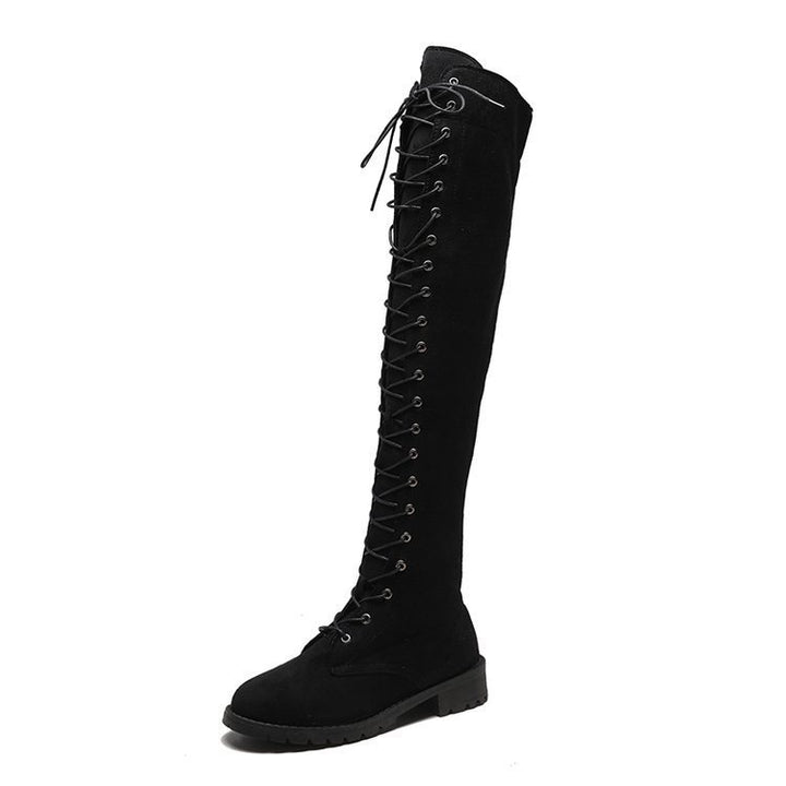 Women Knee-high Lace-up Boots with Continuous Lacing Made of Velour Imitation and Slip-resistant Profile Sole Mune Fashion