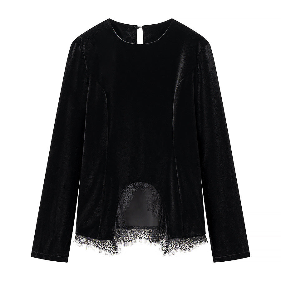 Women's Velvet Long Sleeve Shirt with Lace Trim and Curved Hem Mune Fashion