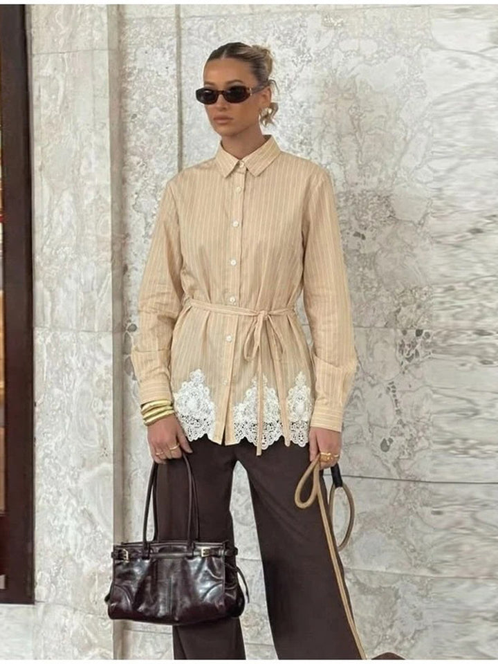 Women's shirt blouse with waist band, fine stripes & lace trim Mune Fashion