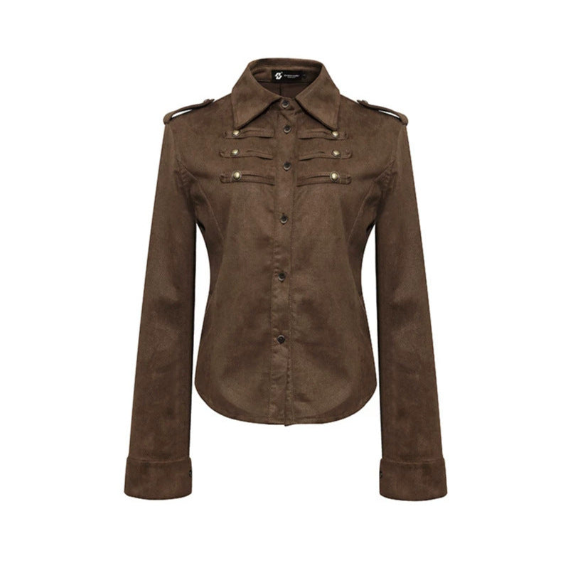 Ladies Military Velvet-Look Jacket with Epaulettes and Decorative Straps Mune Fashion
