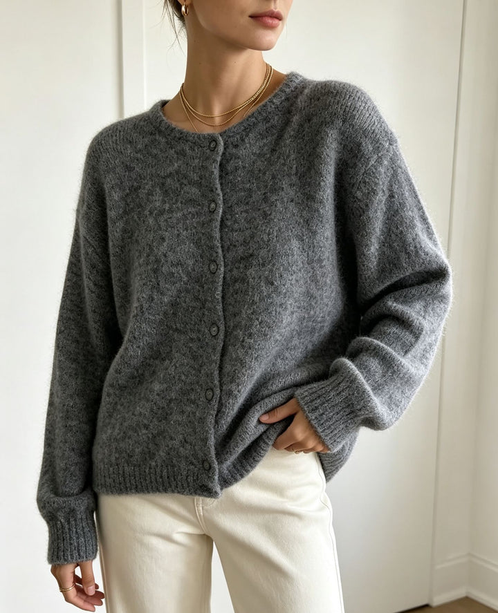 Ladies round neck cardigan with soft flormix, button closure and ribbed cuffs Mune Fashion