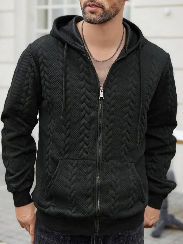 Men's knitted hooded sweat jacket with cable pattern, full zip and kangaroo pocket Mune Fashion