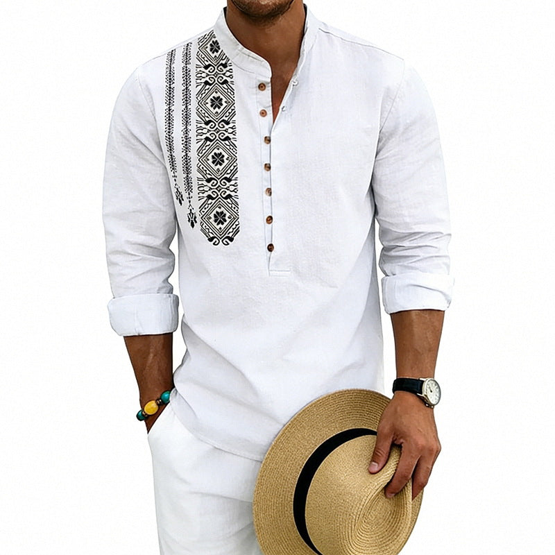 Men's embroidered linen henley shirt with stand-up collar and ethnic chest motif Mune Fashion