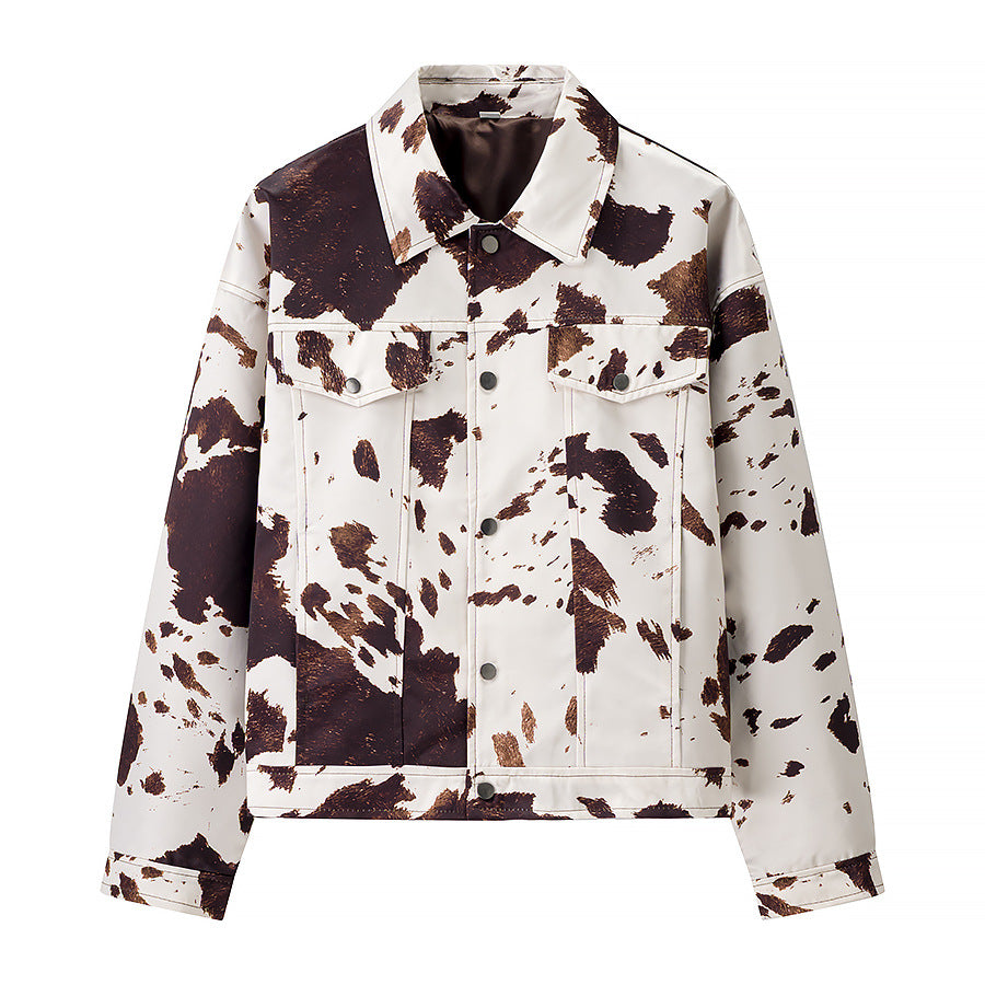 Women's Cropped Shirt Jacket with Cow Spot Pattern and Patch Chest Pockets Mune Fashion