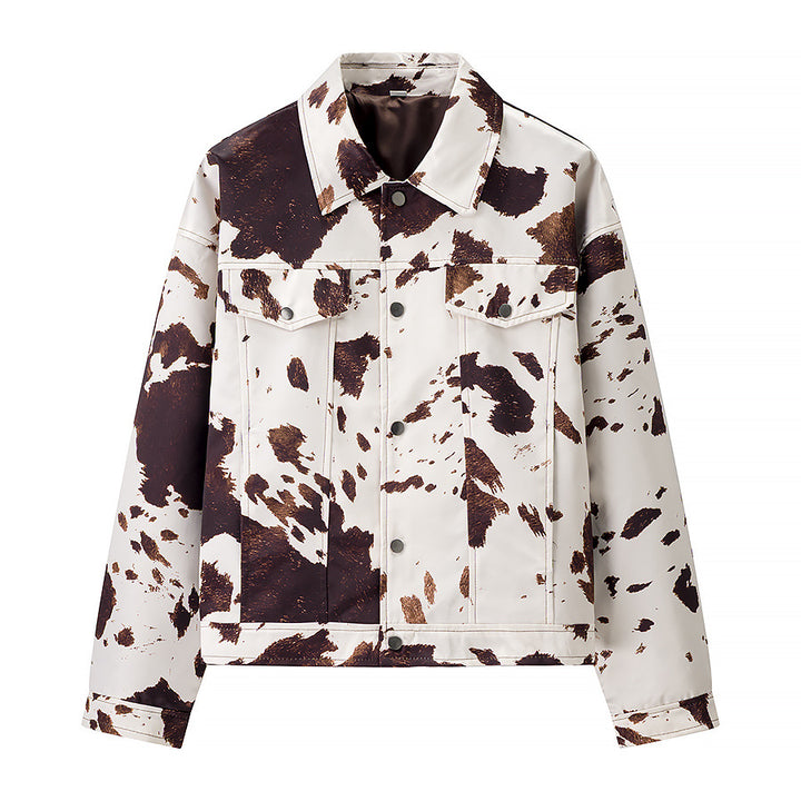 Women's Cropped Shirt Jacket with Cow Spot Pattern and Patch Chest Pockets Mune Fashion