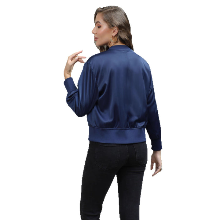 Women's Satin Bomber Jacket with Zipper and Ribbed Cuffs Mune Fashion