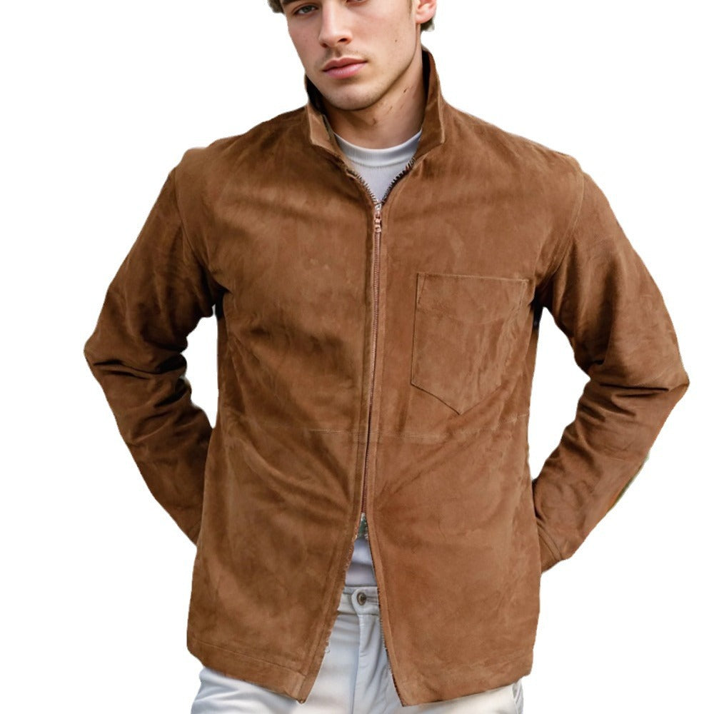 Men's suede leather jacket with stand-up collar and chest pocket Mune Fashion