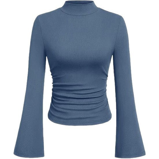 Women's Ribbed Long Sleeve Top with Stand-Up Collar, Trumpet Sleeves, and Fitted Cut Mune Fashion