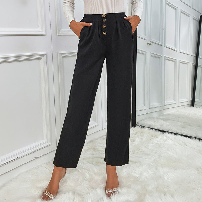 Women's High-Waisted Pleated Trousers with Decorative Button Placket and Straight Leg Mune Fashion
