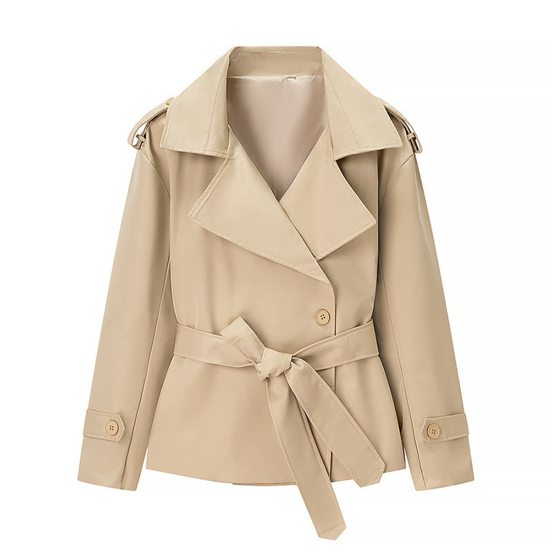 Women's Short Trench Coat with Belt and Double Breasted Mune Fashion