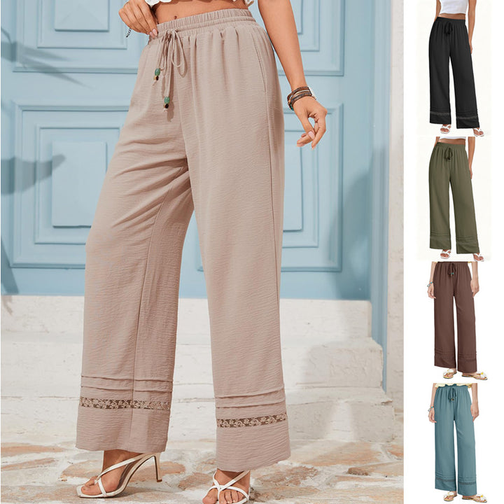 Women's wide linen-look pants with high elastic waistband, drawstring and lace insert Mune Fashion
