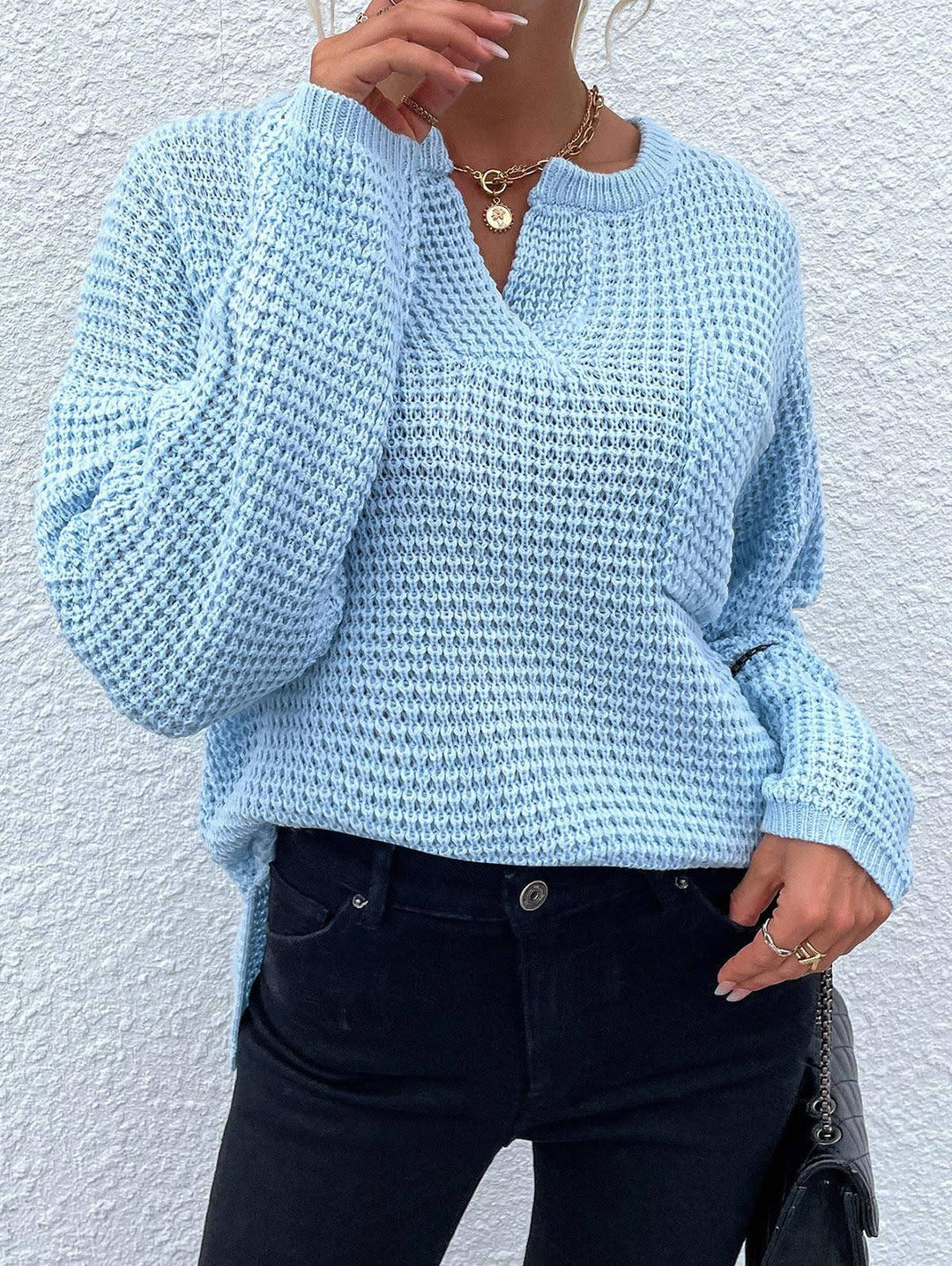 Women's Waffle Knit Sweater with V-Slit, Oversized Cut and Balloon Sleeves Mune Fashion