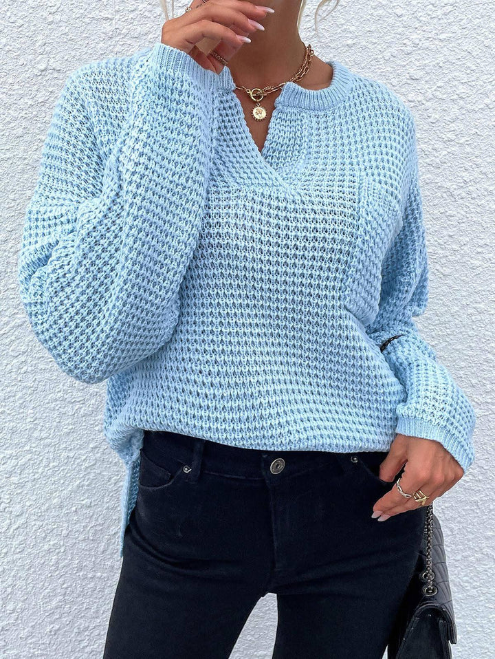 Women's Waffle Knit Sweater with V-Slit, Oversized Cut and Balloon Sleeves Mune Fashion