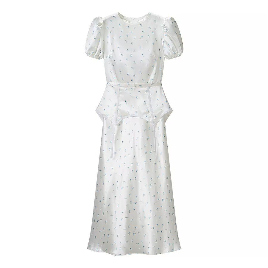 Women's mididress made of satin with puff sleeves, integrated corset peplum, and delicate floral print Mune Fashion