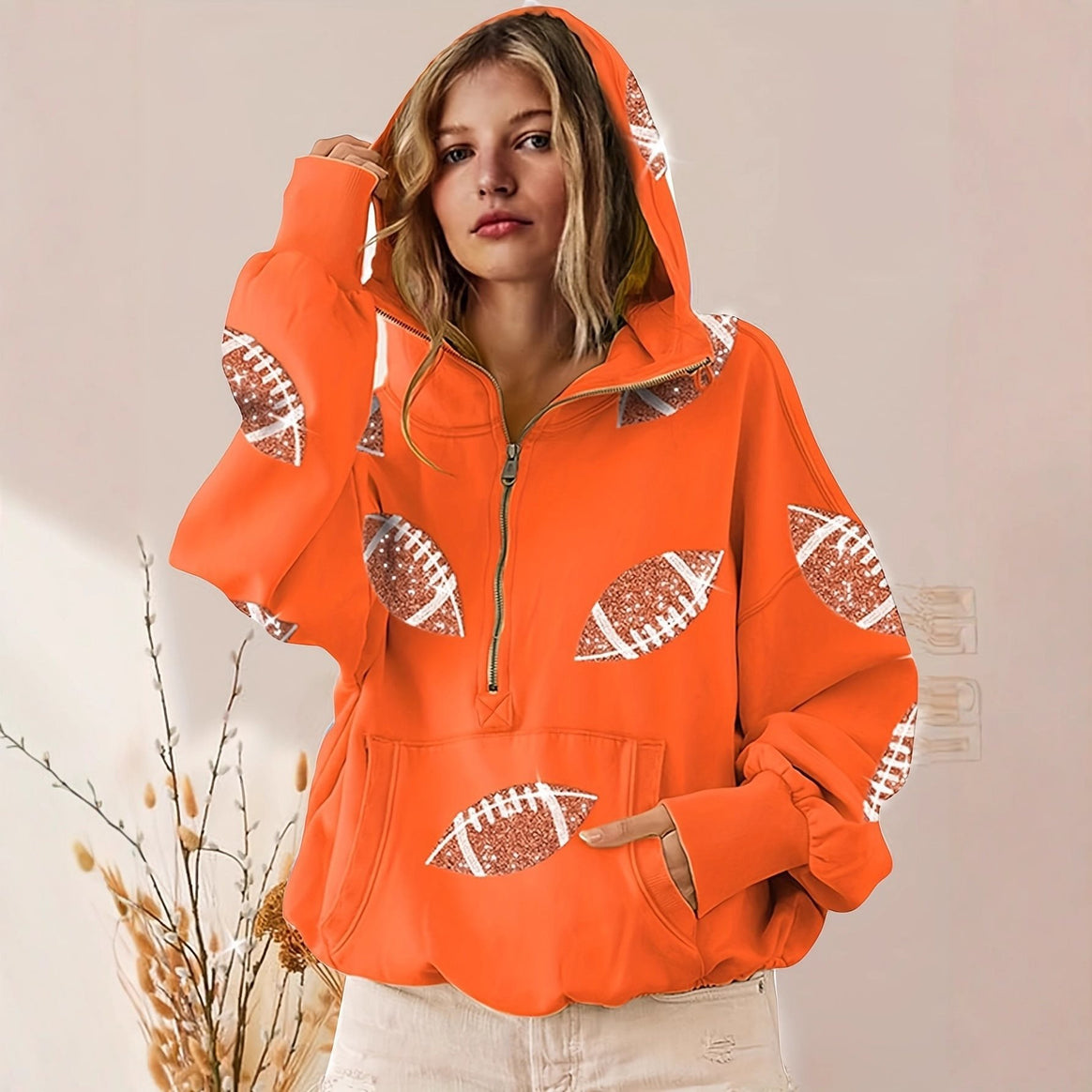 Women's Oversized Hoodie with Half Zipper and Sequin Football Application Mune Fashion