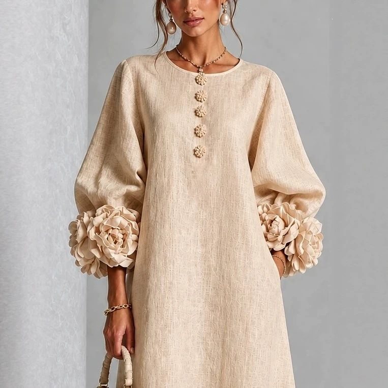 Women's midi dress made of linen with balloon sleeves and 3D flower cuffs Mune Fashion