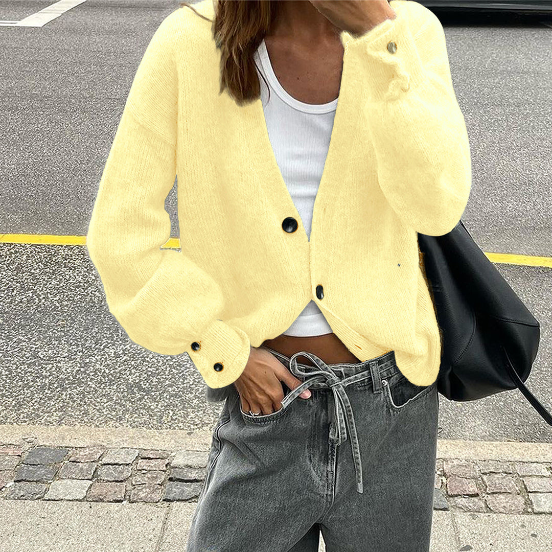 Women's casual cardigan with deep V-neck, button placket and balloon sleeves Mune Fashion