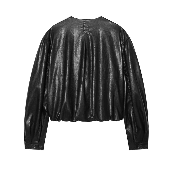 Women's short blouson in leather look with round neck, concealed snap button placket and balloon sleeves Mune Fashion