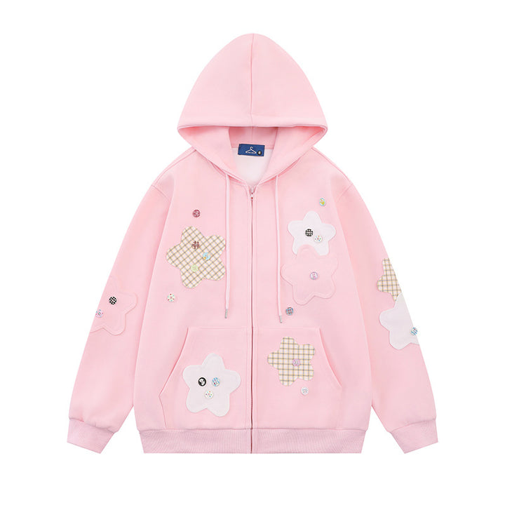 Women Oversize Zip Hoodie with Floral Star Appliqués and Button Details Mune Fashion
