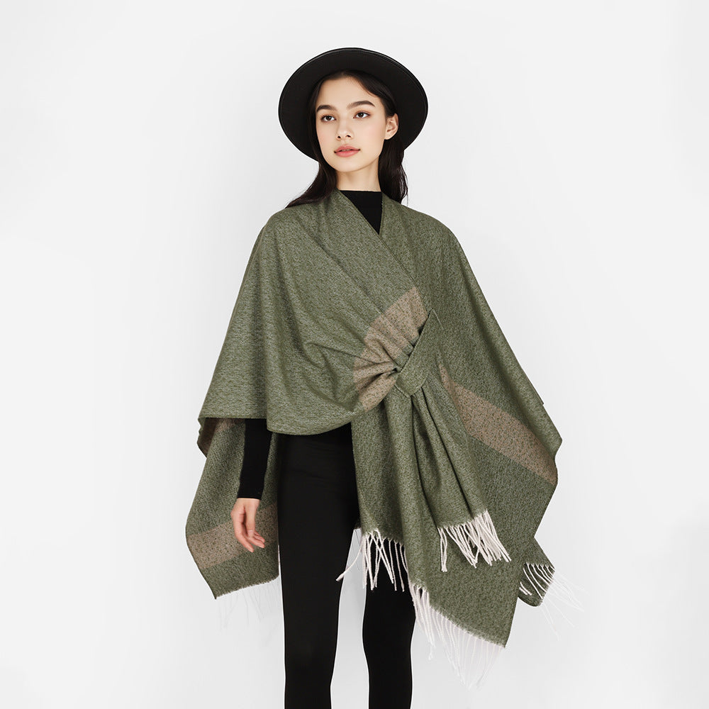 Women wool blend cape poncho with tie loops, soft woven oversized cover-up and fringe hem Mune Fashion