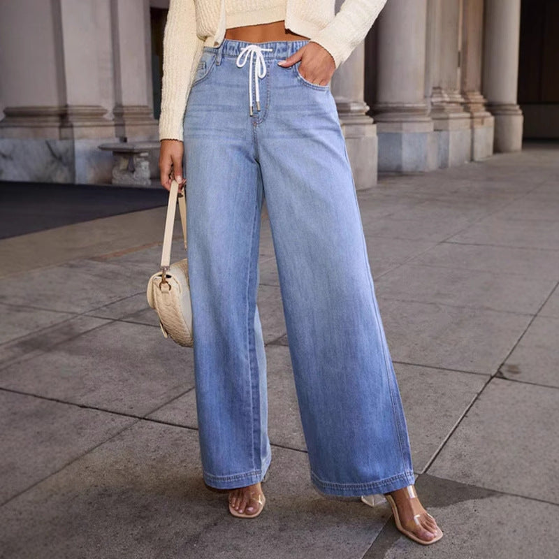 Women's high-waisted wide-leg jeans with drawstring waistband and casual silhouette Mune Fashion