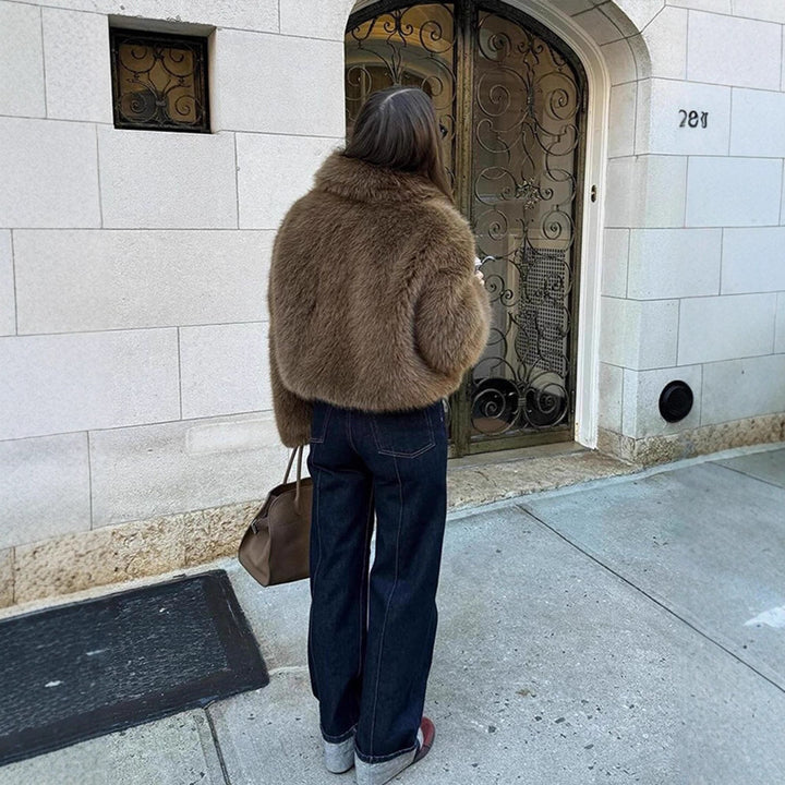 Women Short Boxy Faux Fur Blouson with Voluminous Shawl Collar and Lined Interior Mune Fashion