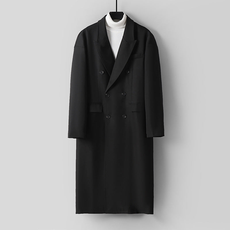 Men's Double-Breasted Longline Coat made of Wool Blend with Narrow Shawl Collar Mune Fashion