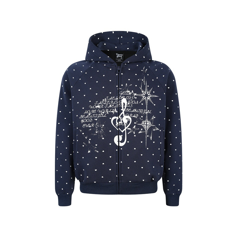 Women's zip hoodie in heart all-over with treble clef print and kangaroo pockets Mune Fashion
