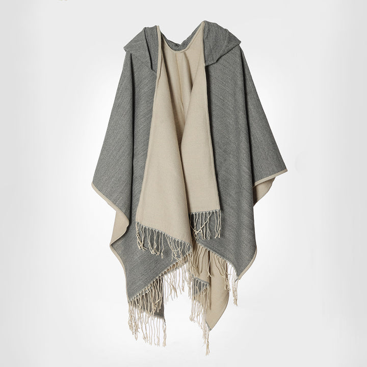 Women's hooded cape made of wool blend with reversible function and fringe hem Mune Fashion