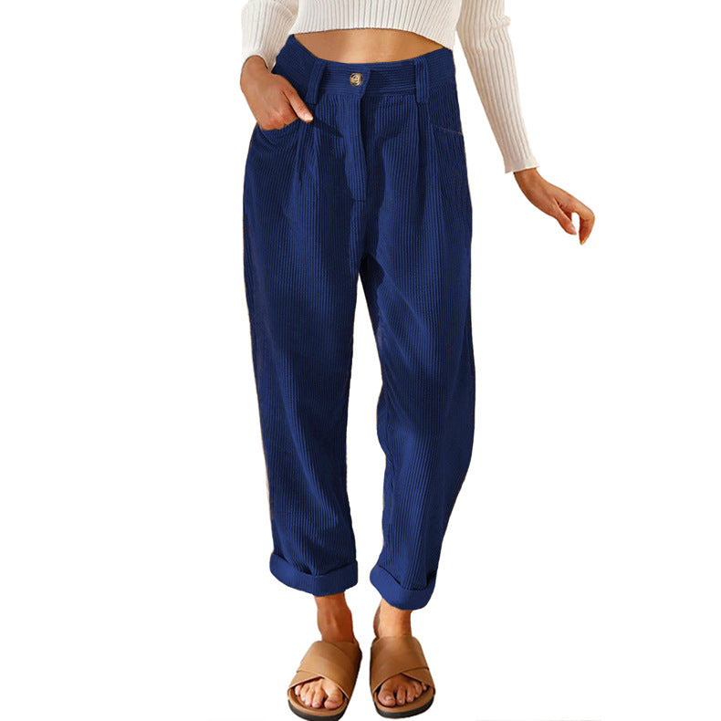 Women's Casual Corduroy Pants with High Waist, Loose Tapered Fit, and Cuffed Hem Mune Fashion