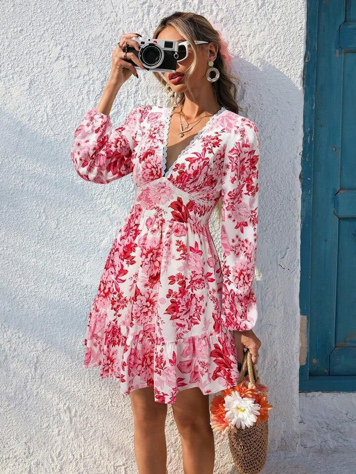 Women's Floral Wrap Dress with V-Neck, Gathered Empire Waist and Ruffle Skirt Mune Fashion
