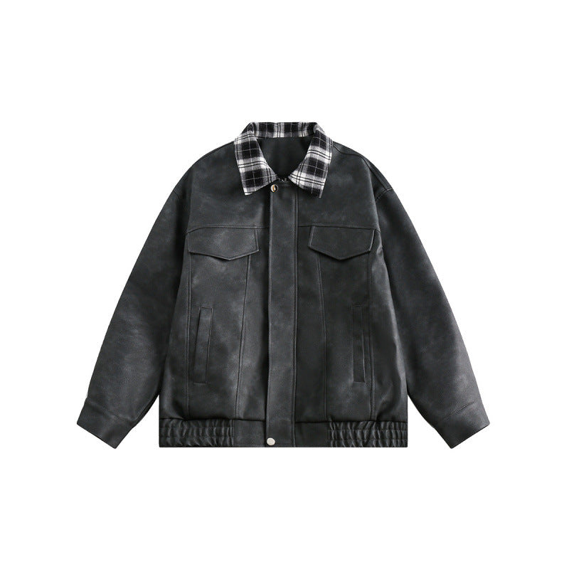 Men's suede look bomber jacket with checked shirt collar, flap pockets, and elastic hem Mune Fashion
