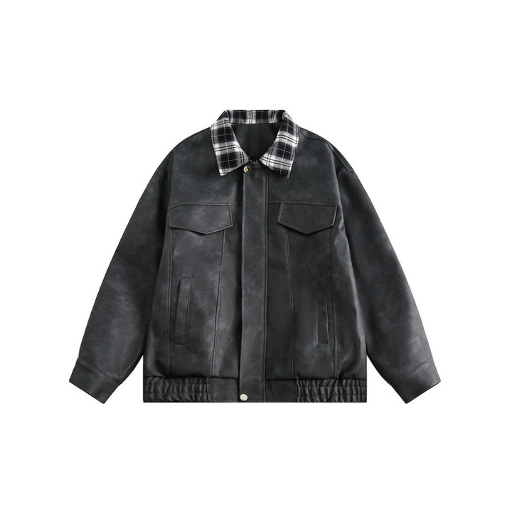 Men's suede look bomber jacket with checked shirt collar, flap pockets, and elastic hem Mune Fashion