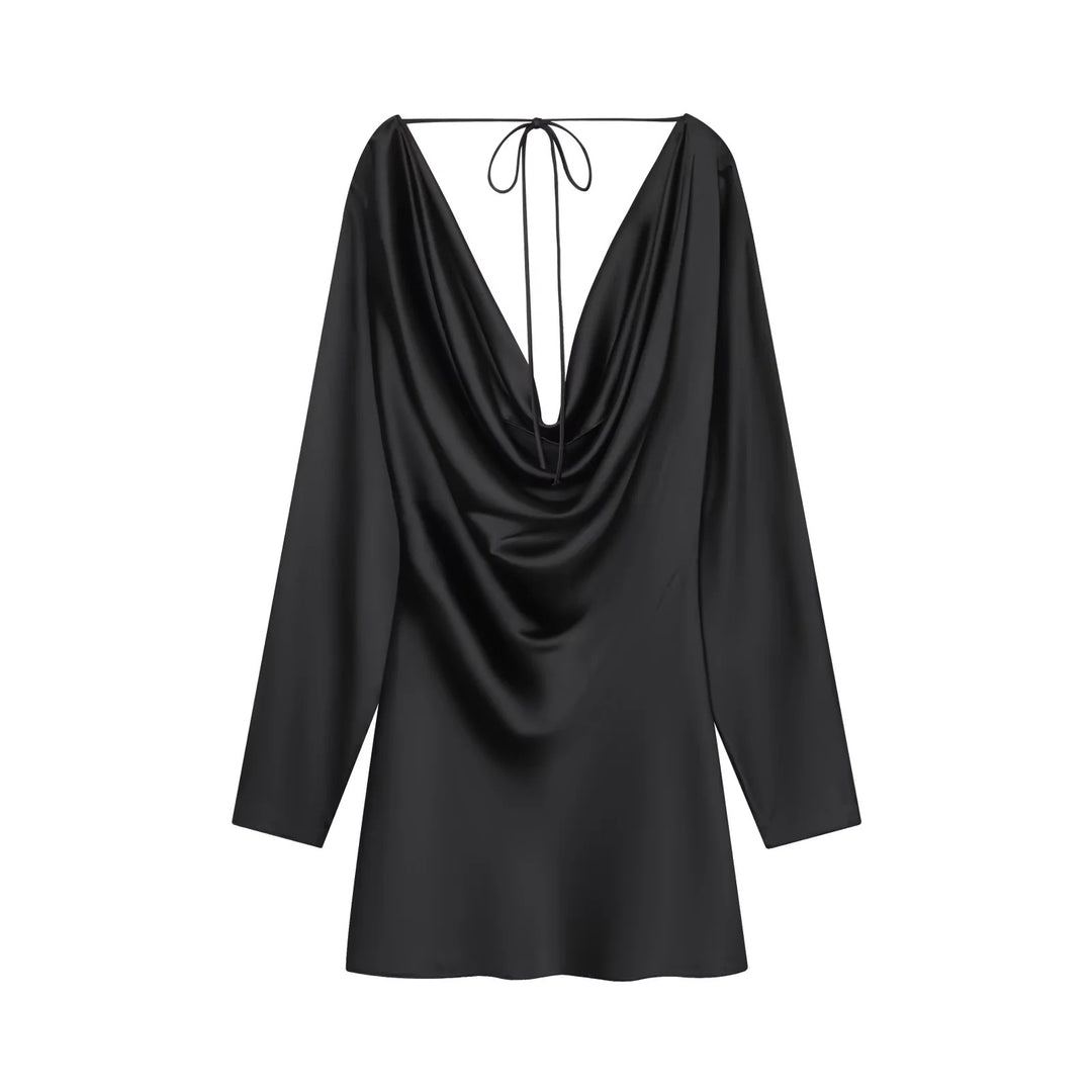 Women’s satin mini dress with deep waterfall back, cord binding and long sleeves Mune Fashion
