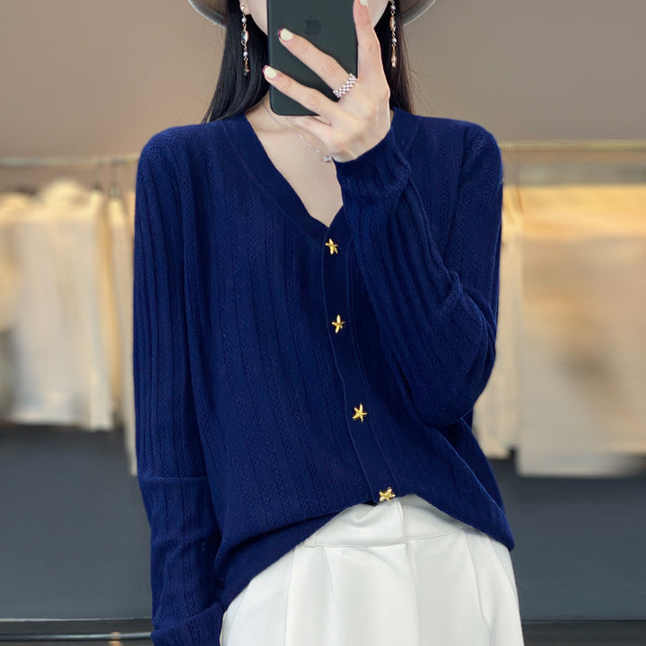 Women Lightweight V-Neck Cardigan with Textured Vertical Stripes and Star Buttons Mune Fashion