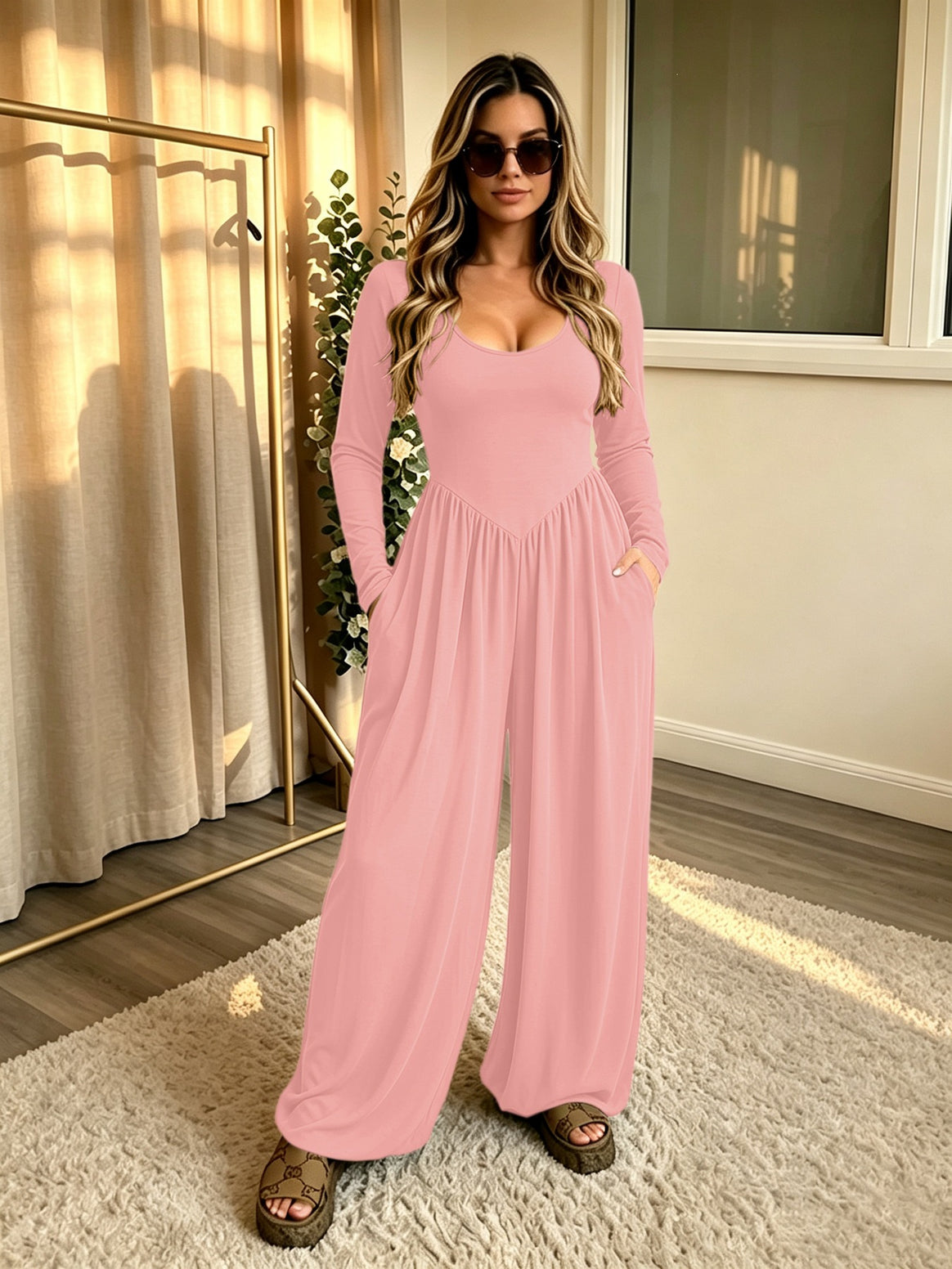 Ladies Long Jumpsuit with Wide Leg, Deep Round Neck and Side Pockets Mune Fashion
