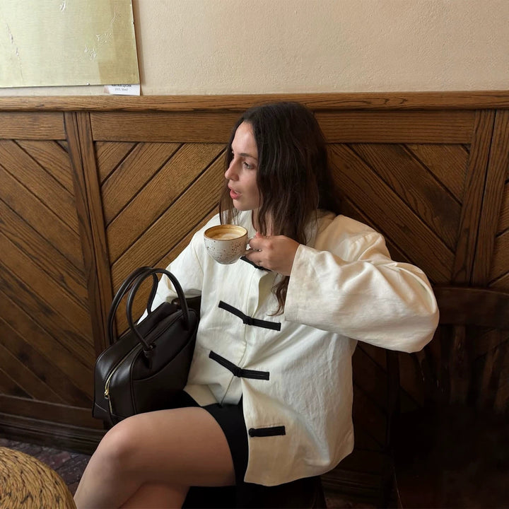 Women's Oversize Boxy Jacket with Toggle Closures and Mandarin Collar Mune Fashion
