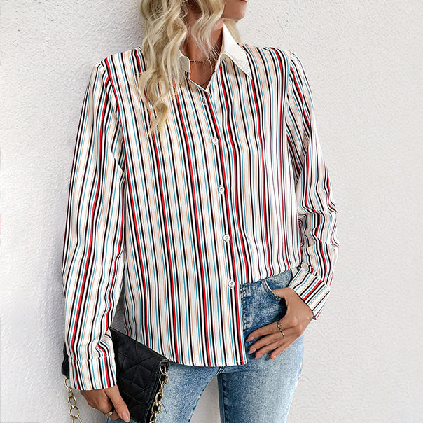 Women Elegant Striped Shirt Blouse with Decorative Collar and Roll-Up Cuffs Mune Fashion