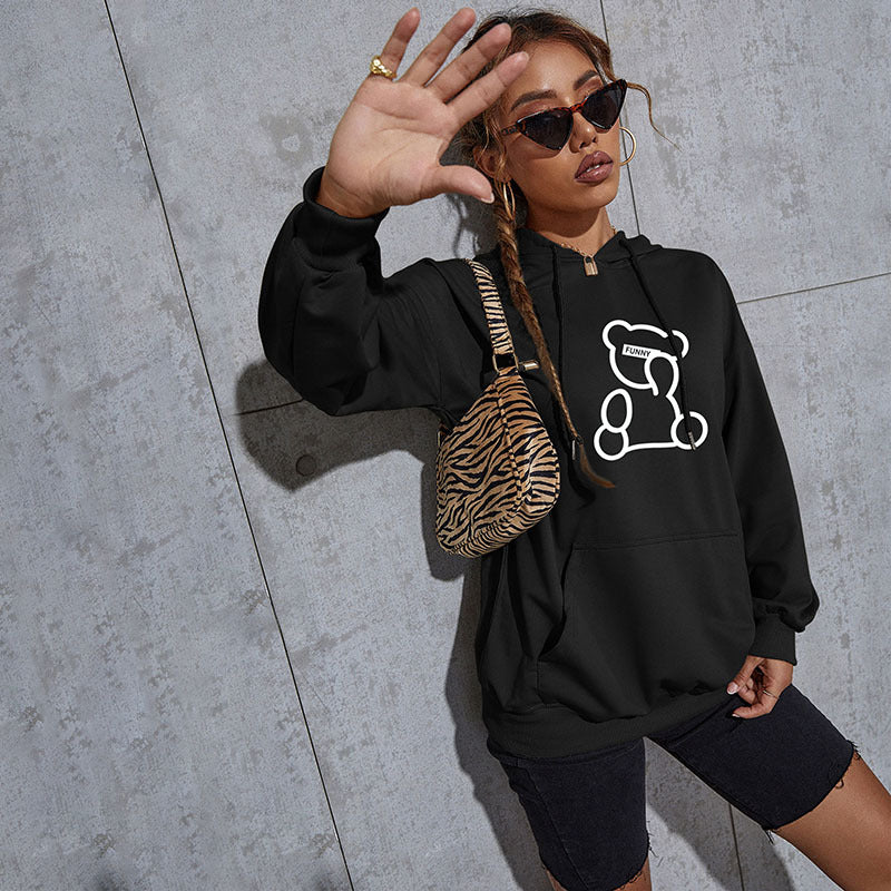 Women's Oversized Hoodie with Teddy Graphic, Kangaroo Pocket and Drawstring Hood