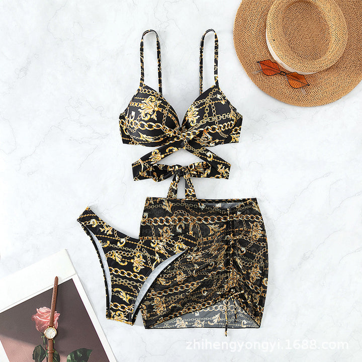 Women’s bikini with unconventional chain pattern and integrated skirt Mune Fashion