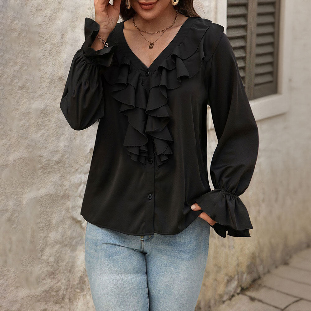 Women feminine ruffle blouse with V-neck, flounce row and bell sleeves Mune Fashion