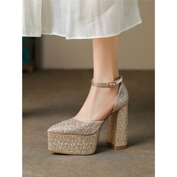 Women’s Platform Block-Heel Sandals with Square Toe Box and Rhinestone Trim Mune Fashion