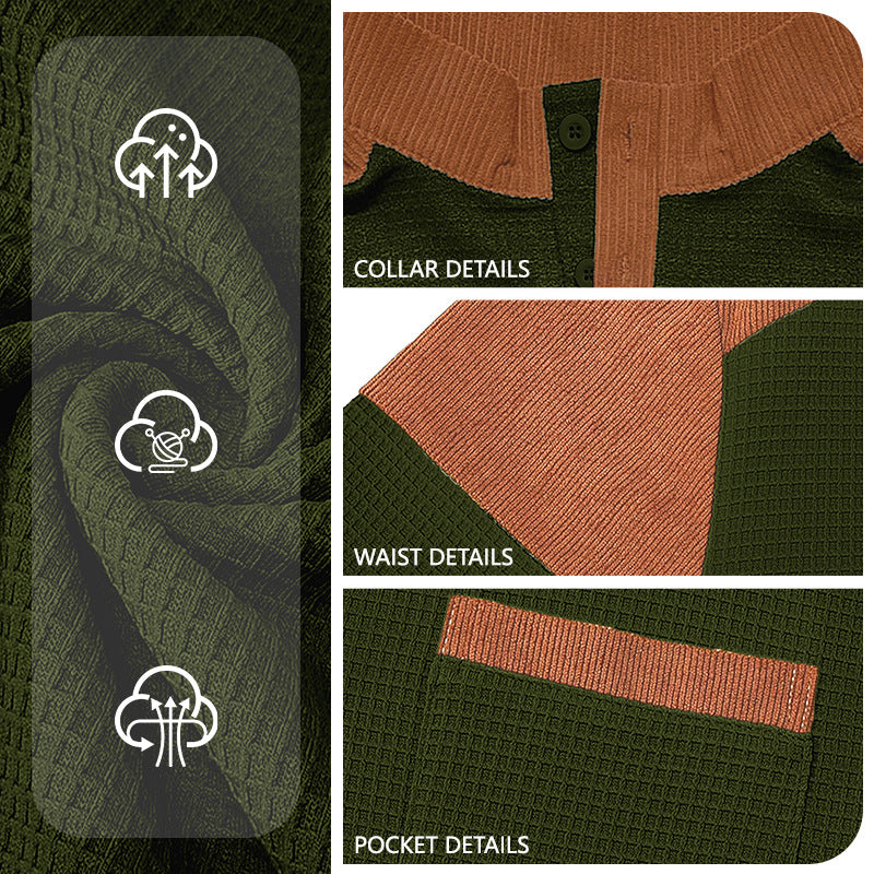 Men's waffle knit henley with stand-up collar, cord shoulder yoke and chest piping Mune Fashion