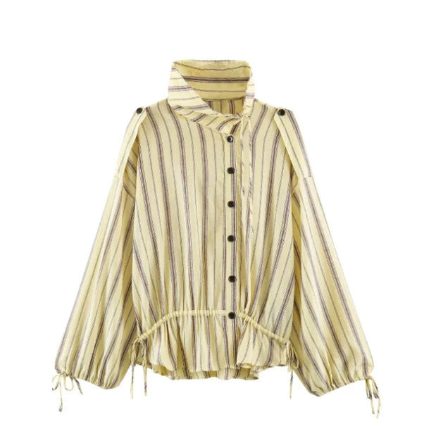 Women Striped Two-Piece Loungewear Set with Oversized Shirt Jacket and Drawstring Pants Mune Fashion