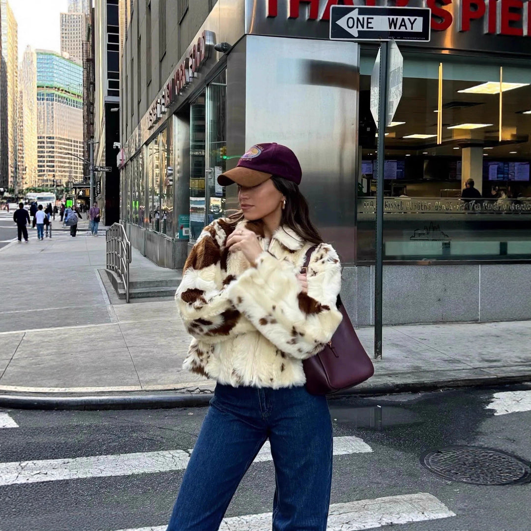 Women's Short Cropped Faux Fur Jacket with Stand-Up Collar and Spot Pattern Mune Fashion