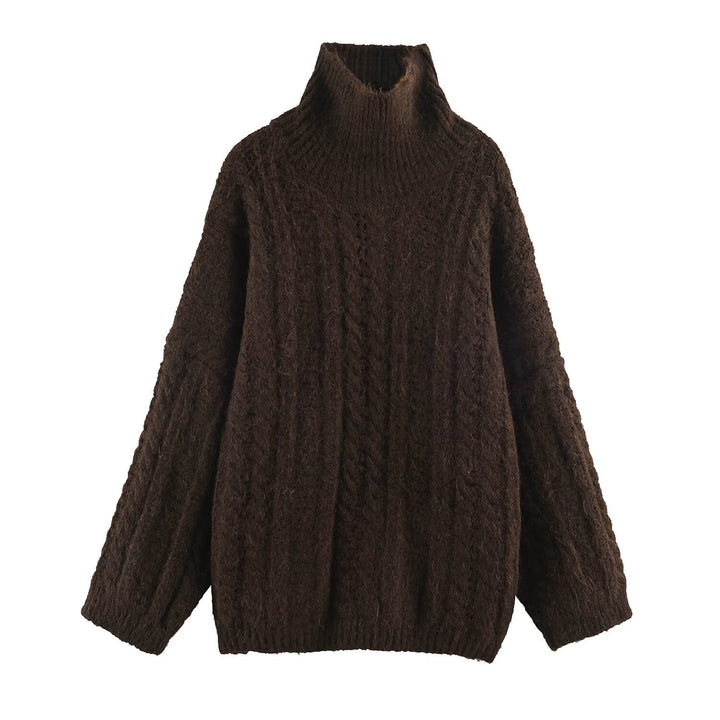 Women's Chunky Knit Oversized Sweater with High Turtleneck and Cable Pattern Mune Fashion