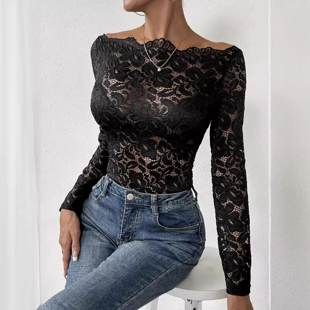Women's figure-hugging lace top with off-the-shoulder neckline and long sleeves Mune Fashion