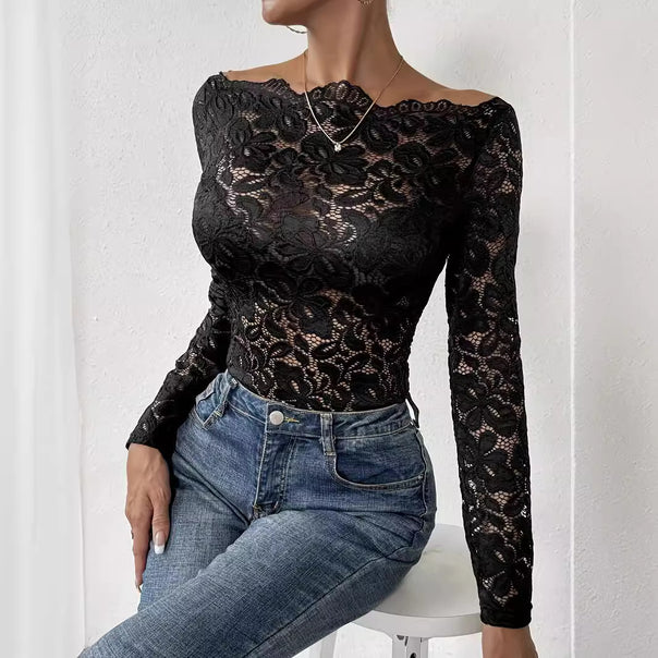 Women's figure-hugging lace top with off-the-shoulder neckline and long sleeves Mune Fashion